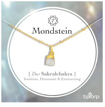 Bixorp Mondstein Chakra-Halskette aus rohen Edelsteinen mit 18 Karat Goldplattierung - Edelstahl - 36cm + 8cm verstellbar