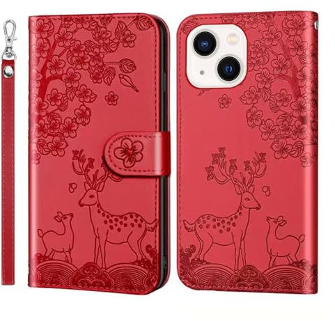 Nbziyoo Phone Case for iPhone 14 Plus, Embossed Deer Floral Animal Flip Wallet Case with Card Slots, Premium Magnetic Protective PU Leather Cover Case for iPhone 14 Plus.Red