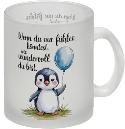 Pinguin mit Ballon - Wundervoll - Glas Tasse Aquarell-Illustration Becher mit Botschaft Einzigartigkeit Geschenkidee auf weißem Grund