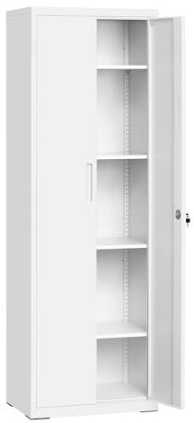 SONGMICS Armadietto Garage a 5 Ripiani con 2 Ante, Armadio Ufficio, 40 x 60 x 180 cm, 1 Serratura, Ripiani Regolabili, Armadio Metallo, Bianco Opaco OMC014W01