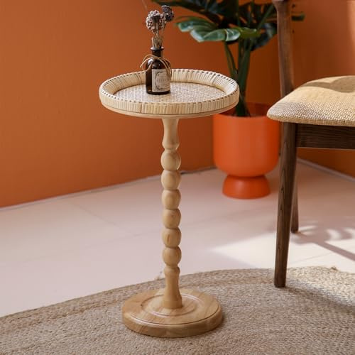 HuiDao Drink Table,Rattan Round Small Side Table for Small Spaces, Boho Circle End Table Coffee Table with Solid Wood Leg for Living Room, Pedestal Table for Bedroom, Corners