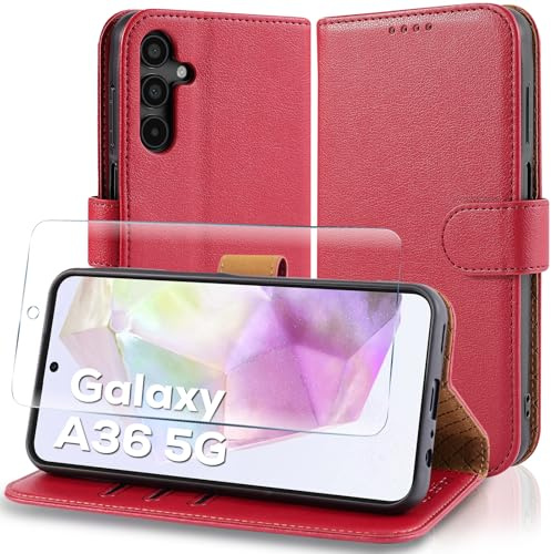 Case Collection for Samsung A36 5G Case and Screen Protector - Leather Folio Flip [Kickstand] Shockproof Cover [RFID Blocking] Magnetic Wallet for Samsung Galaxy A36 5G Phone Case Red