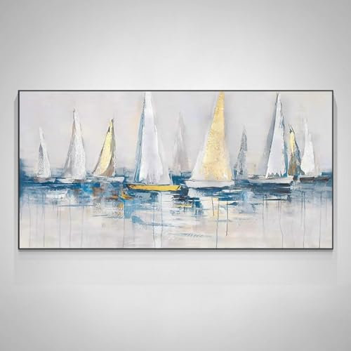 LZJAGXX Grand tableau de voilier Les voiliers se rassemblent dans le paysage du port à peindre Peinture nautique bleue Décoration murale 70x140cm Sans cadre