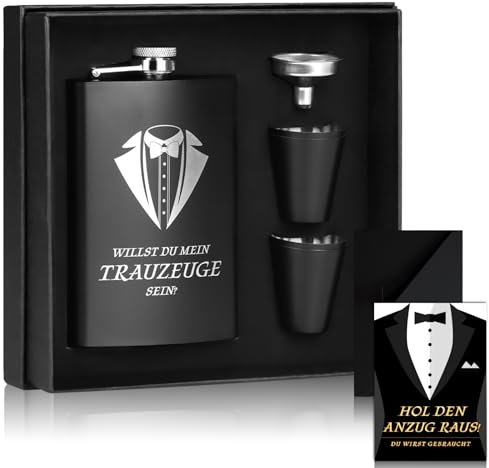 Trauzeugen Flachmann Willst Du Mein Trauzeuge Sein mit Karte 8oz Flachmann Mit Gravur Schwarz 4 Becher Trichter In Schwarzer Geschenkbox Geschenk Edelstahl Schnapsgläser Mann Für Hochzeit (Schwarz)