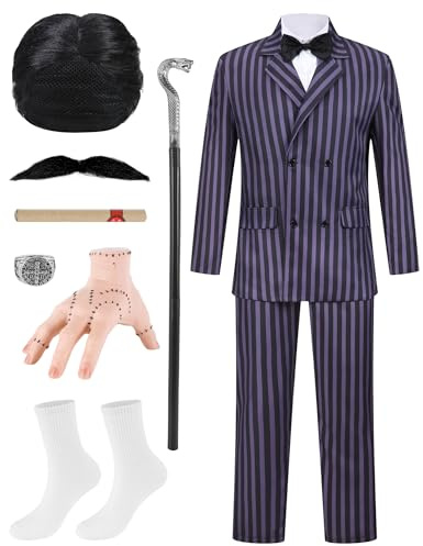 Men Pinstripe Suit Costume Gangster Costumes Deluxe 11Pcs Set Striped Jacket Pants Halloween Cosplay Party Outfit