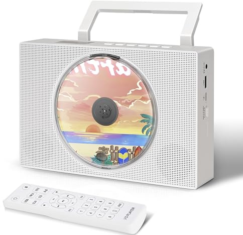 Lecteur CD Bluetooth avec Radio FM, Port USB, Port AUX, Timer de Sommeil, répétition A-B. Lecteur CD Portable avec poignée, Machine de Musique Blanche avec Haut-parleurs HiFi
