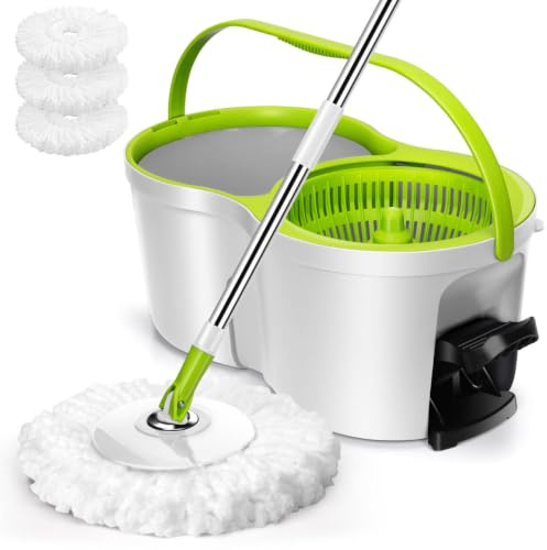 Masthome Balai Serpillère avec Seau Essoreur à Pédale, 3 Microfibre Lavable | Seau Serpillière avec Manche Réglable INOX, Tête Rotative 360°, Système Laveur de Sol Complet, Pour tous types de sols, Blanc