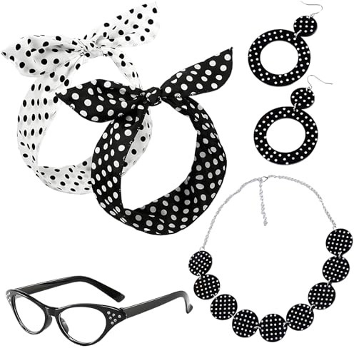 WangVipfei 5-teiliges Rockabilly Accessoires Damen Set, 50er Jahre Outfit Accessoires für Mottoparty, Rock'n'Roll Events und Retro Fotoshootings, inklusive Brille, Halskette, Ohrringe und Haargummis