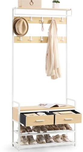 VASAGLE Garderobenständer mit Schuhbank, Garderobe, Schuhaufbewahrung, 2 Schubladen aus Stoff, 10 Haken, 6 seitliche Haken, 30 x 80,4 x 181,6 cm, goldeichenfarben-mattweiß HSR429YA01
