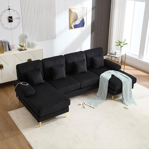 Dolamaní 4-Sitzer SamtSofa Massivholzrahmen, U-Sofa mit Doppelten Liegesitzen, 4 Kissen, Wohnlandschaft Eckcouch, für Wohnzimmer Büro Wohnung (Schwarz)