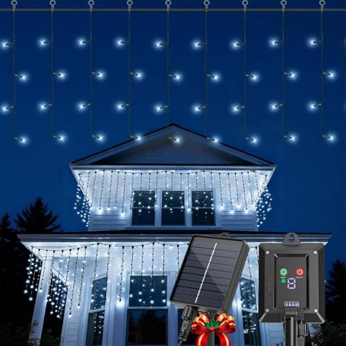 Aigostar Solare Eiszapfen-Lichterkette Außen – 5m + 3m*0.4m, 8 Lichtmodi, IP65 Wasserdicht, Kaltes Licht, 100 LED für Garten, Balkon, Terrasse & Innenbereich