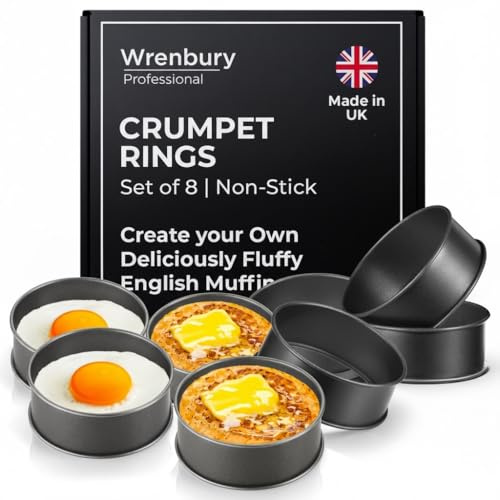 Wrenbury Crumpet-Ringe, 8er-Set, Antihaftbeschichtet - Pancake Form 9cm - große runde Kuchenringe aus Karbonstahl - hergestellt in Großbritannien