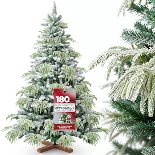 Huracan Albero di Natale artificiale Premium 180cm con supporto in legno, Albero di Natale con neve - Abete del Nordmann, albero di Natale artificiale con borsa per la conservazione e decorazione