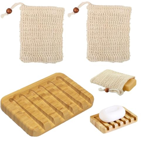 VAEIORP 1 Set Porte Savon en Bois de Teck Design Cascade, Repose Savon pour Salle de Bain, Cuisine, Évier et Comptoir avec Deux Filets à Bulles Inclus
