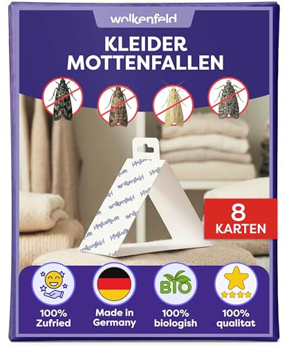 Wolkenfeld Mottenfalle Kleidermotten – 8X Mottenpapier für Kleiderschrank und Kleidung mit Pheromonen – Kleidermottenfallen Wolle, Cashmere & Textilien – 100% Natürlich und Ohne Biozide – Deutschland