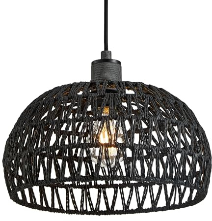 HARPER LIVING Easy Fit Pendant Lamp Shade, Handwoven Rope Ceiling Light Shade with Reducer Ring, E27/B22 Black Woven Shade for Pendant Lights & Floor Lamps, Bedroom Living Room Hallway Home Décor