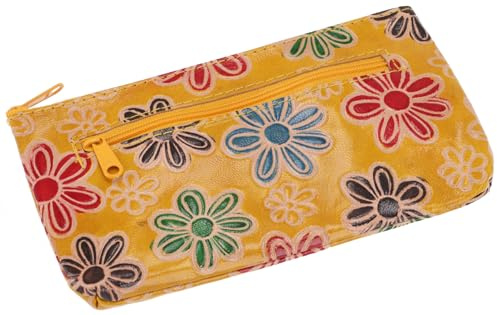 Mäppchen aus geprägtem Leder, Kosmetikbeutel, Federtasche, gelb /Blüte