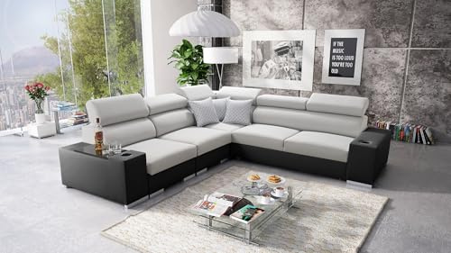 IM SOFA Ecksofa L-Form mit Schlaffunktion PERS III – Moderne Wohnzimmer Couch (Hellgrau Sawana + Schwarzes Kunstleder, Links)