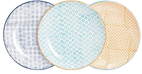 Nicola Spring Hand-Printed Dinner Plates - 25.5cm - 3 Colours - Pack of 6 - Porcelain Decorative Patterned Dining Dish Plates for Snacks, Starters, Dinner, Dessert