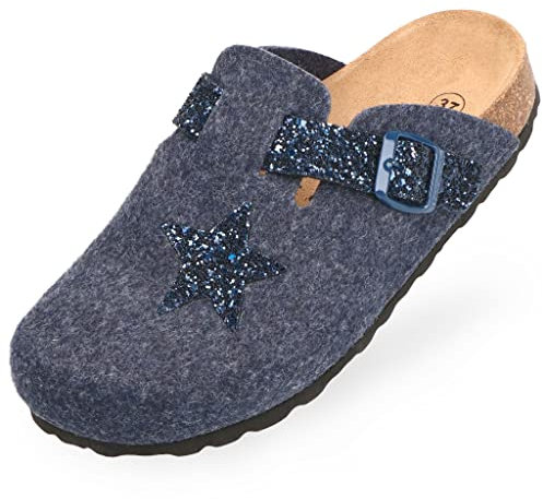 BOnova Malmö in verschiedenen Farben und in den Größen 35-43. Damen-Hausschuh aus weichem Filz, mit Korksohle. Blue Giltter-Blue 39
