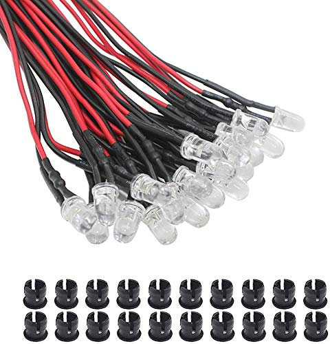 KeeYees 20Pcs 5mm LEDs mit 20cm Kabel DC 12V Led Fertig Verkabelt (weiß) + 20Pcs 5mm LED Montageringe Plastik