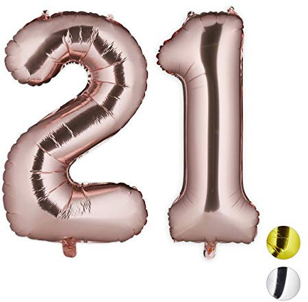 Relaxdays Folienballon Zahl, Dekoballon für 21. Geburtstag, Ösen zum Aufhängen, XXL Zahlenballon, 85-100cm, roségold, H x B x T: ca. 85 x 50 x 17 cm