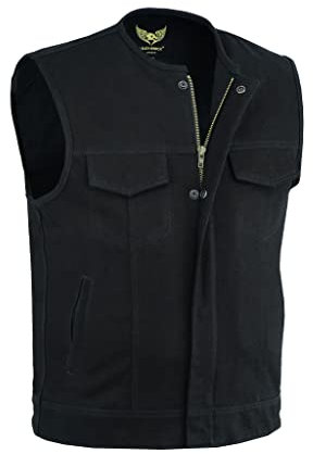 Leatherick Chaleco estilo motero sin cuello de mezclilla pesado con ribete de cuero para hombre con bolsillos profundos, estilo SOA