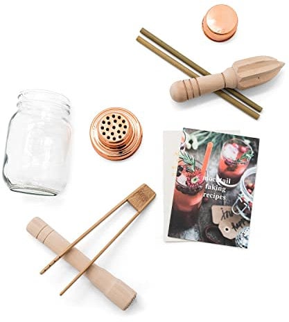 Calm Club Mocktail Shaker Kit - Mixer Set Includes Mason Jar Cocktail Shaker, Juicer, Muddler, Bamboo Tongs, Bamboo Straws and Mocktail Recipe Booklet