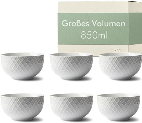 KIVY Müslischalen Keramik - 6 x 850ml - Große Bowls für Müsli & Suppen - Suppenschüssel - Bowl Schüssel Groß - Müslischüsseln - Suppenschalen Set - Schalen Set - Müsli Schüssel Keramik