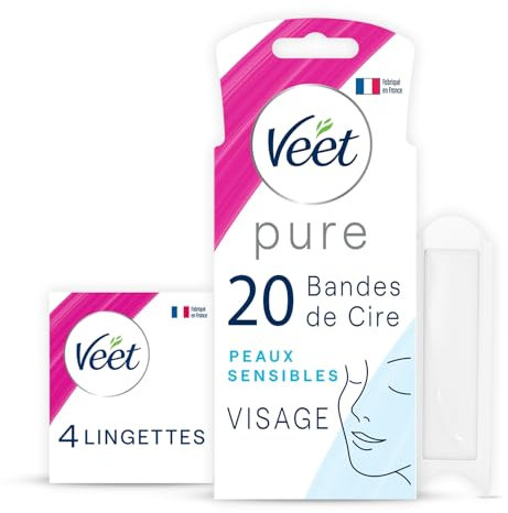 VEET PURE - 20 Bandes De Cire Froide Visage - Peaux Sensibles - Recommandés Par Les Dermatologues - Epilation Longue Durée