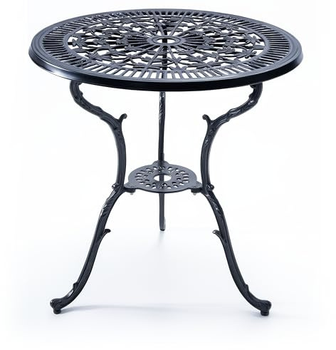 Centurion TABREEZ Cast Aluminium Garden Table with Parasol Hole 4.7cm, Weatherproof Outdoor Patio Bistro Table, Rustproof Powder Coated Black, Balcony Terrace Furniture 69.5cm Round