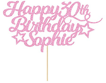 EDSG Personalised Happy Birthday Cake Topper Customized with Any Age Name Party Cake Decoration 16 18 21 40 60 Double Sided Glitter Card Baby Pink