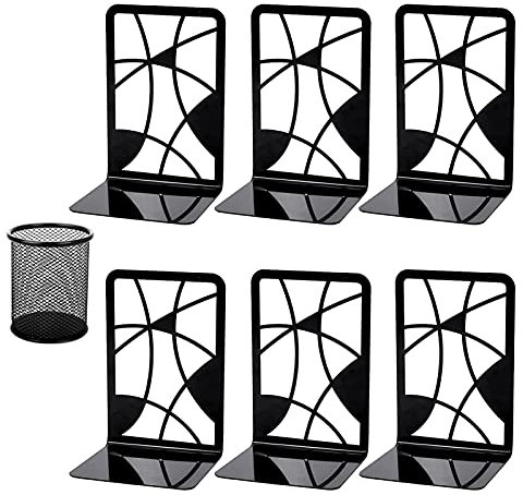 Lot de 6 serre-livres en métal pour étagères, décoration pour bureau, école, maison, 3 paires de serre-livres noirs très résistants, design abstrait avec porte-stylo