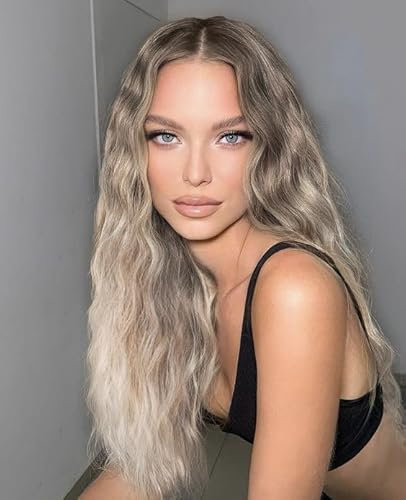 VEBONNY Ombre Aschblonde Lockige Perücken für Frauen Synthetisches Haar Spitze vorne braune Ombre blonde Perücke Gemischtes blondes Haar Kleberlose Beach-Weave-Perücke mit Mittelscheitel 027