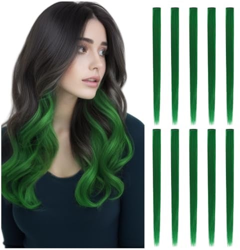 10 Pcs Extensions de Cheveux Colorés 22 Pouces Extension Couleur avec Extension à Clip pour Femmes Mode Fête (Droit, Vert)
