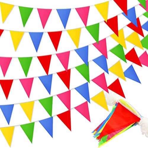 Annhao 50 metros 120 Banderines Triangulares Bunting Banner Banners Multicolores Guirnaldas para Bodas Fiestas de Cumpleaños Jardín Marca Apertura Decoraciones para el hogar Cuerda Colgando Decoración