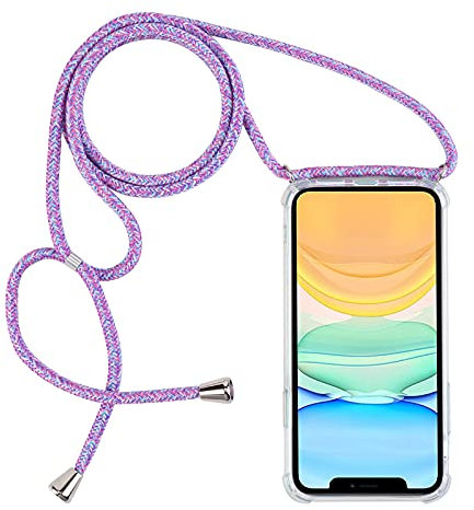 PuYu Zhe Crossbody Case Compatible for iPhone 13 Mini,Necklace Phone Cover,Clear Transparent TPU Silicone Shell with Adjustable Neck Cord Lanyard Strap-Blue rainbow
