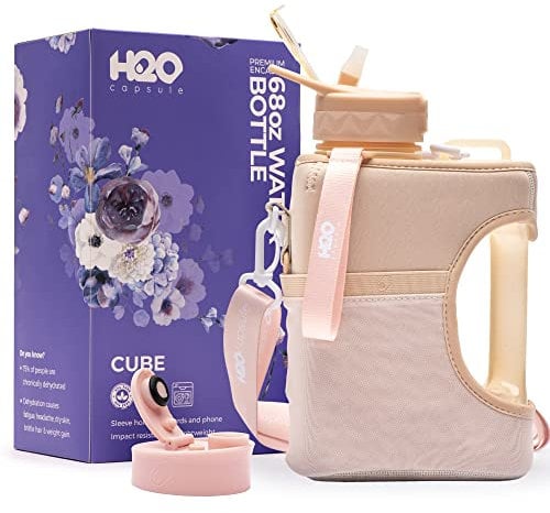 H2O Capsule Half Gallon Cube Square Water Bottle - 2.2L Plastic Sports Water Bottle with Storage Sleeve, Covered Straw and Chug Lid – BPA Free Reusable Utility Water Bottle, (68 Ounce), Neutral