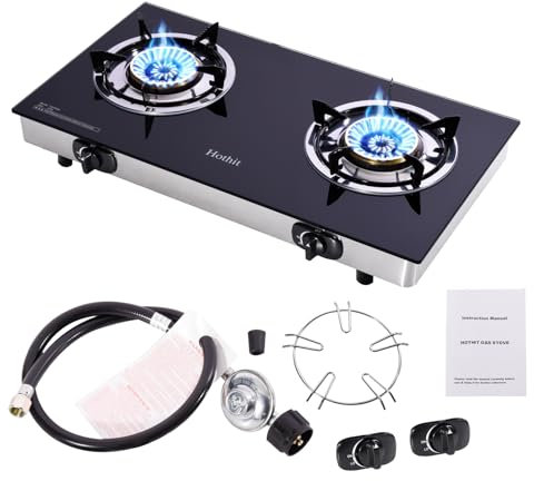 Hothit H2702G - Piano cottura a gas a propano, portatile, a 2 fuochi, 8,4 kW, in vetro temperato, accensione automatica, per cucina all'aperto, campeggio, camper, piccoli appartamenti