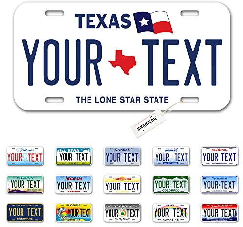 InkMyPlate Personalisiertes Texas Autokennzeichen | 30,5 x 15,2 cm | Wählen Sie aus allen 50 Staaten | 3 Größen | individuelles Schild für Frontstoßstange | personalisierte Autoanhänger | USA dickes