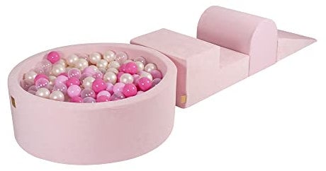 MEOWBABY Spielplatz aus Schaumstoff mit Bällebad 240x45cm - Schaumspielset mit 200 Bälle für Kinder, Velvet, Hellrosa: Pastellrosa/Hellrosa/Transparent/Perlweiß