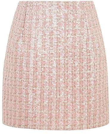 Kinghua Mini jupe crayon moulante taille haute en laine pour femme, Tweed à paillettes rose, Taille XL