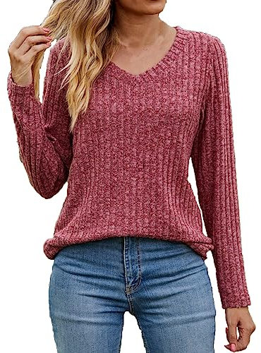AMhomely Ladies Tops Sale Clearance Womens Casual Fall Sweater Long Sleeve Sweatshirts Tops Ribbed Knit Jumpers Loose V-Neck Baggy Slouchy Pullover Sweaters Basic Underwear, XXL, 01* Wine