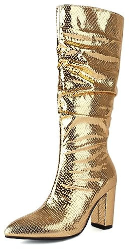 Stivali da Equitazione con Tacco Alto plissettati Metallizzati Scintillanti da Donna, Stivali Alti al Ginocchio in Pelle di Serpente Metallizzata con Tacco a Punta a Punta,d'oro,41 EU