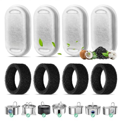 Katzenbrunnen Filter, 4-Pack Ersatzfilter für 108oz/3.2L Edelstahl Katzenbrunnen, 4 Stück Kohlefilter Und 4 Stück Schaumfilter Dreifach-Filterung Filter für 67oz/2L Trinkbrunnen für Katzen und Hunde