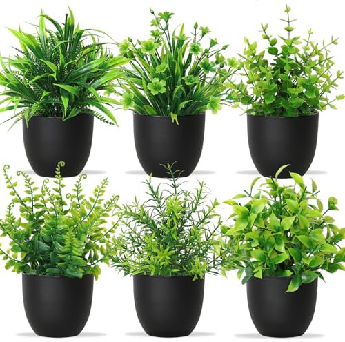 Betylifoy Plantes Artificielles en Pot Mini 6PCS Petites Fausses Plantes Verdure Décor Intérieur Plante Eucalyptus Fausses Plantes en Plastique pour Bureau Maison Salle de Bain (6, Pot Noir)