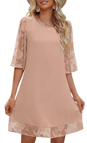 Onsoyours Femme Robe Dentelles Florale Tunique Élégante À Manches 3/4 Décontractée Robes Courtes Patchwork Mini Robe Party Cocktail Streetwear A Rose Clair M