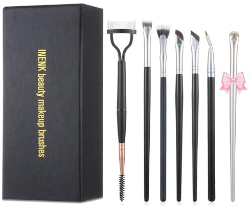 INENK 7Pcs Fan-Shaped Eyelash Brush Eyebrow Comb Tools Set, Mascara Separator Applicator Angled Eyeliner Brush Folding Double-Head Brow Brushes For Eye Lashes Eyebrows Makeup Natural