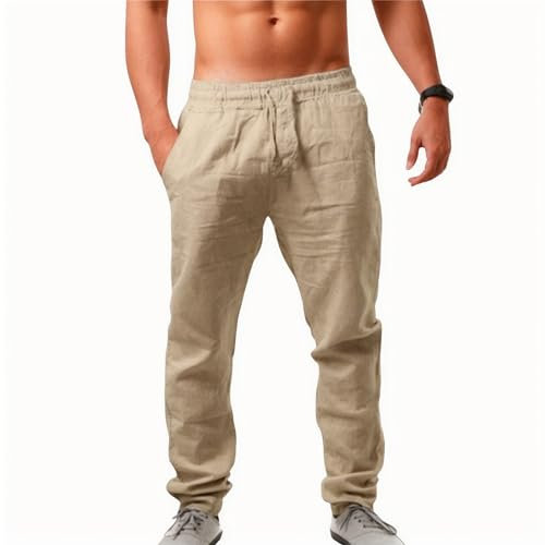 Puimentiua Leinenhose Herren,Lang Leichte Sommerhose,Schmal Fit Baumwollehosen mit Tunnelzug und Taschen (Khaki,XL)