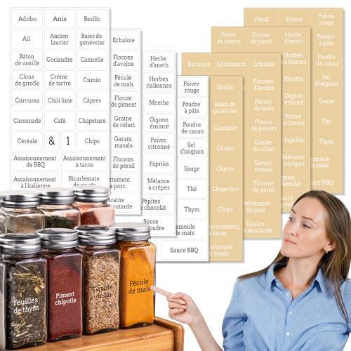 208 Pièces Etiquette Pot a Epices Francais Transparent Waterproof, FUKPO Etiquettes Autocollantes Bocaux Cuisine Personnalisées Étiquette Epice, Étiquettes Autocollante Bocaux à Épices en Français